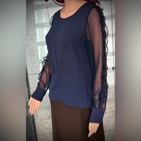Express Navy Blouse with Sheer Polka Dot Sleeves - Picture 2 of 11